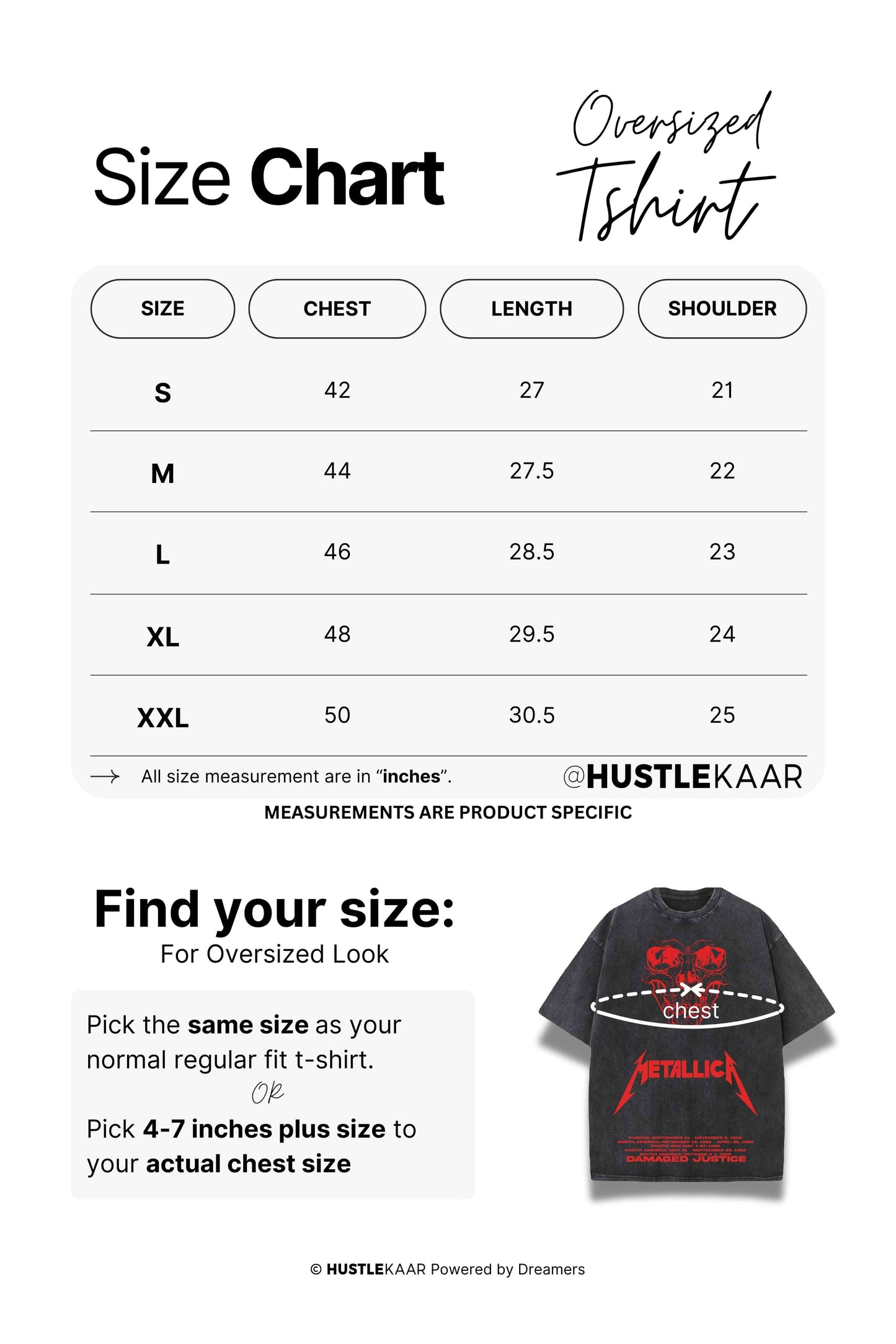 Hustlekaar Oversized Tshirt Size Chart