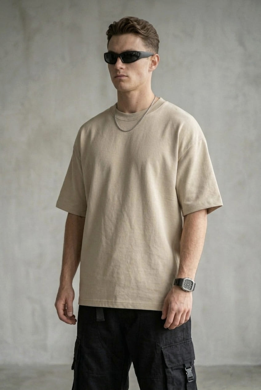 Premium Heavyweight Plain Oversized T-shirt - Beige